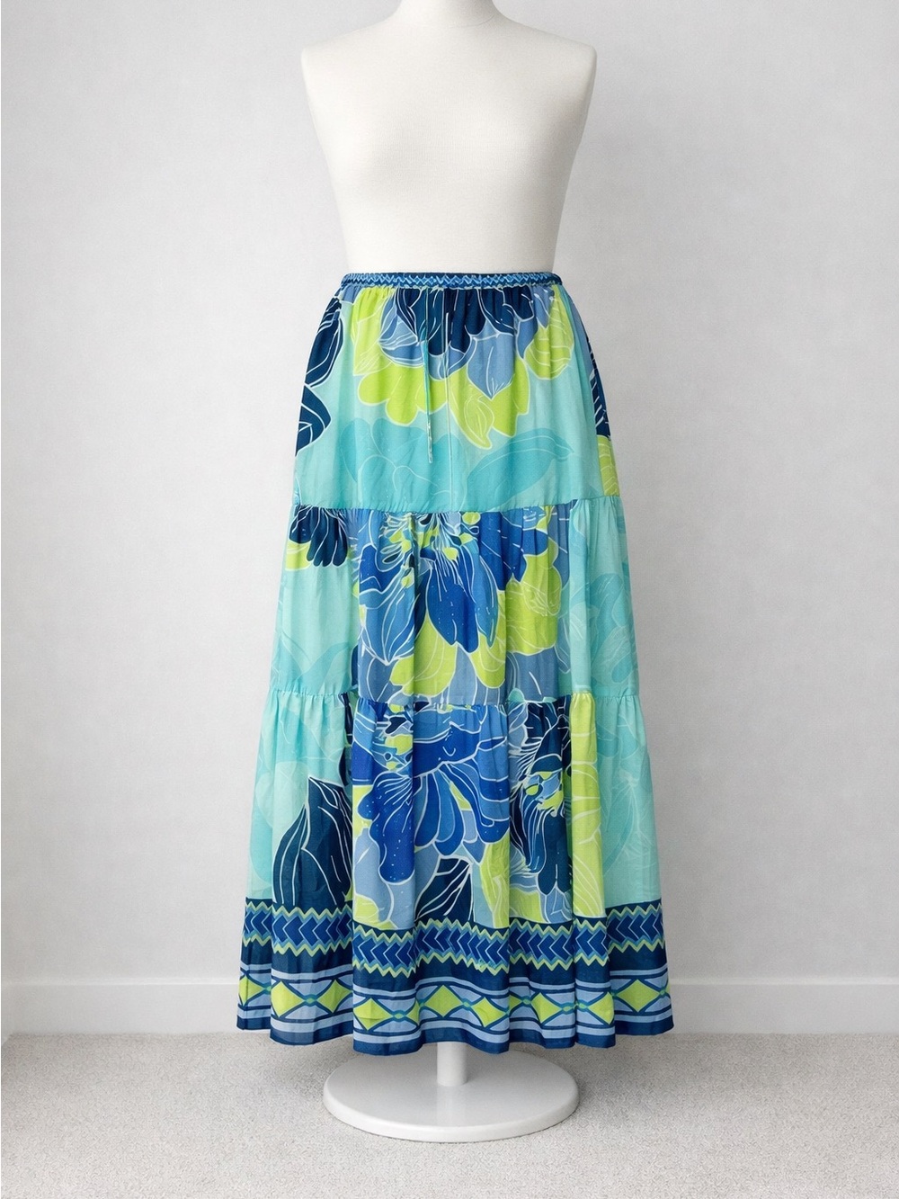 Hale Bob Boho Turquoise/ Navy Floral Resort Luxury Old Money Maxi Skirt L